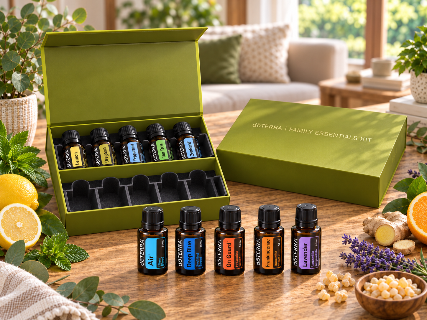 dōTERRA Family Essentials mit verschiedenen ätherischen Ölen auf einem Holztisch